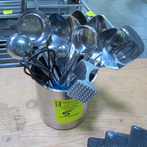 stainless container of ladels, spoons, whisk & tenderizer