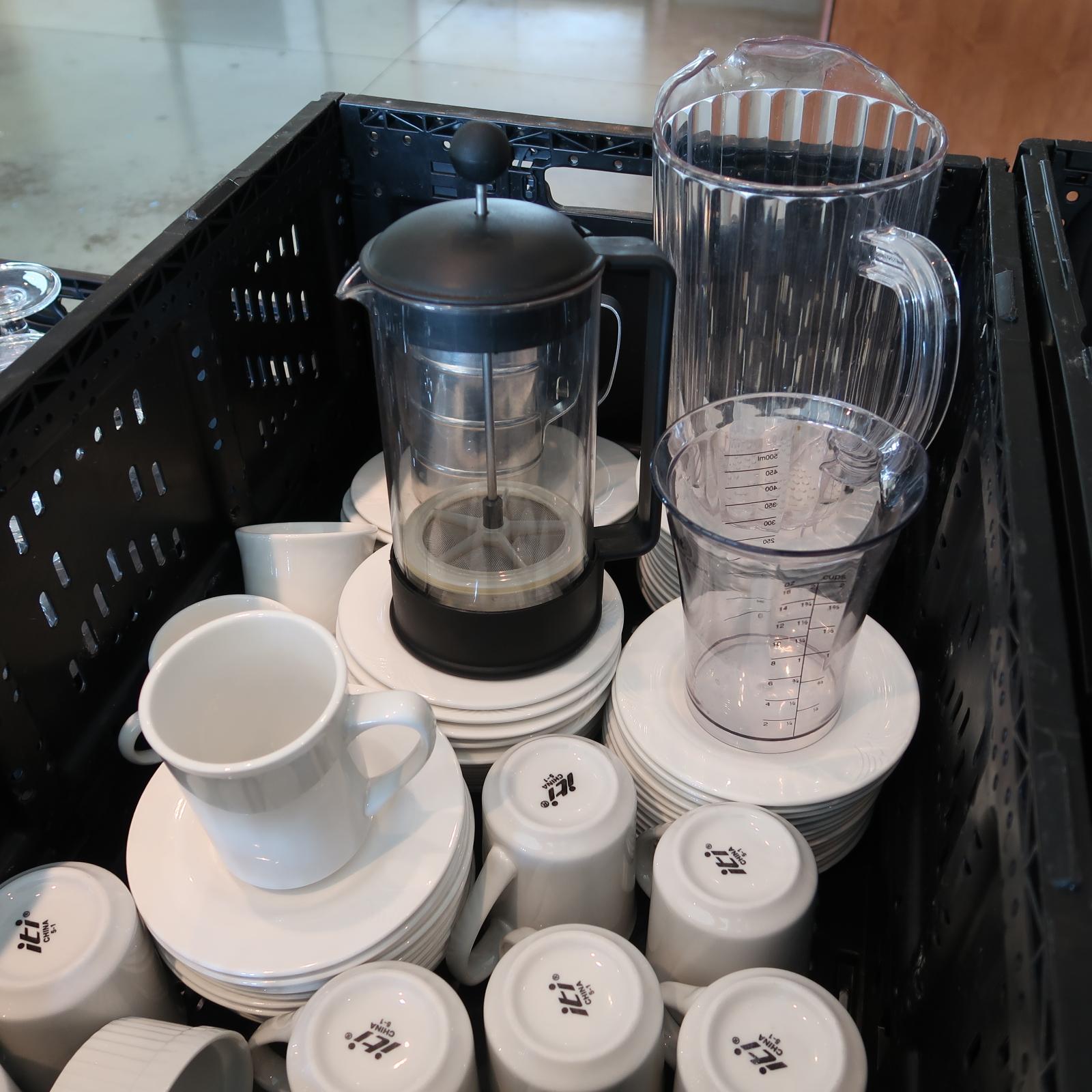 container of china saucers & cups, french press, water pitcher