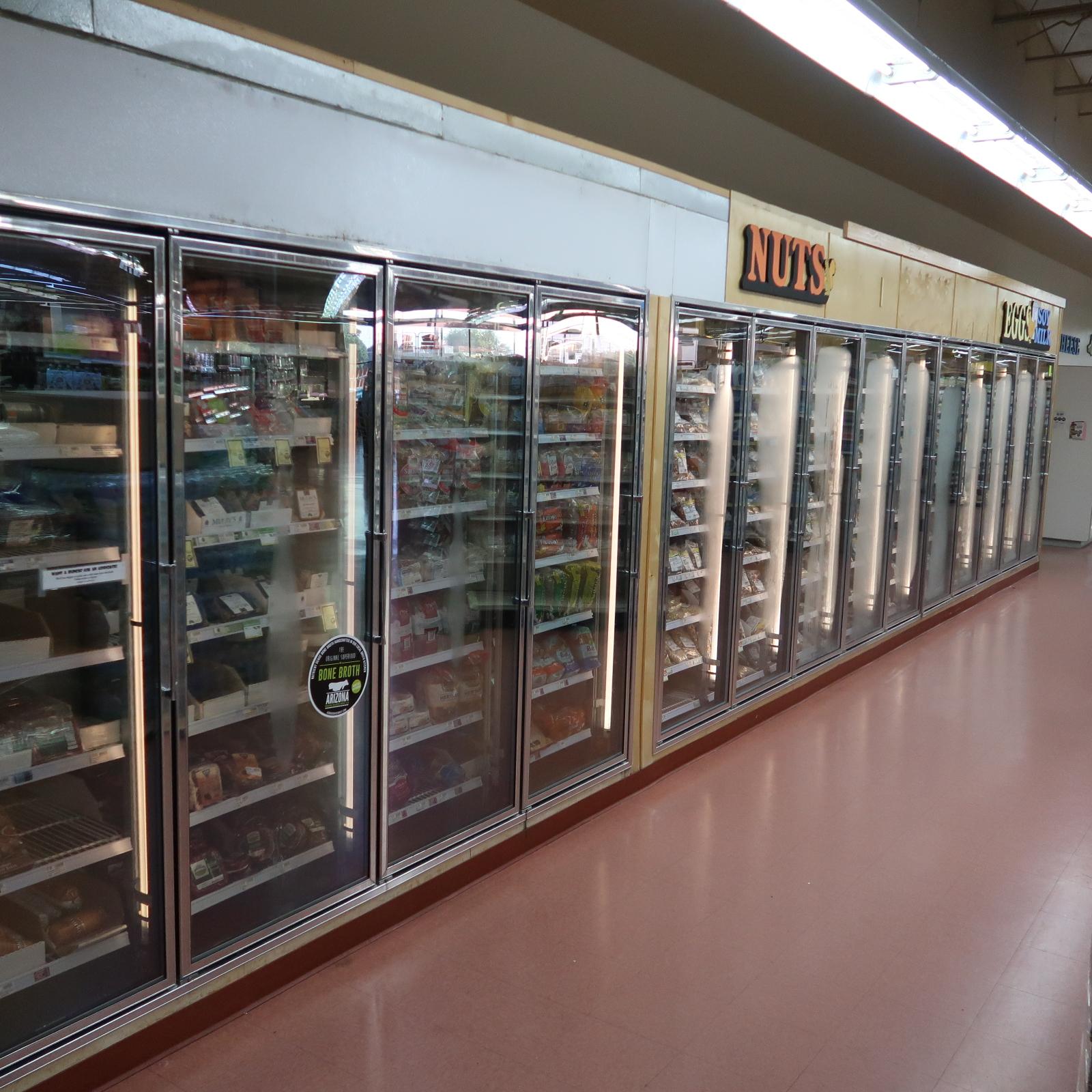 walk-in cooler & freezer (dairy), w/ 14 merchandising doors, including door racks