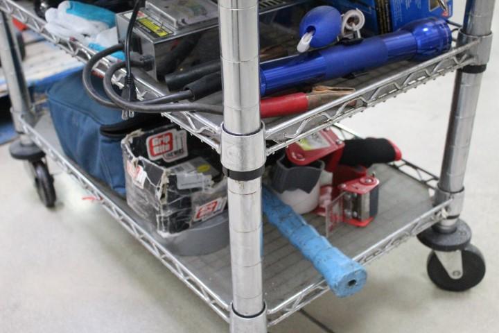 Stainless Cart And Assorted Tools. Husky Toolbar, Assorted Hand Tools, Flashlights, Ryobi  Auger, Mo