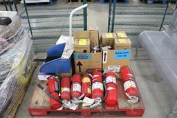 Pallet Of Misc Items. Fire Extinguishers, First Aid Kits, Mounting Brackets For Extinguishers