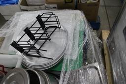 Pallet Of Misc Items. Pizza Pans, Soup Inserts, Cutting Boards, Assorted Utensils, Plastic  Tubs