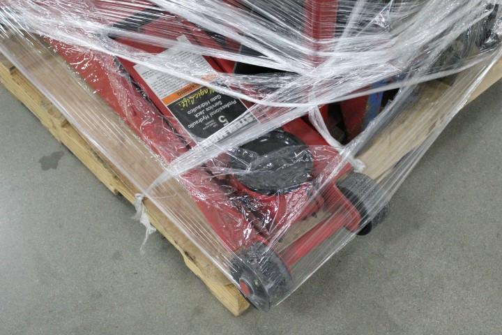 Pallet Of Automotive Shop Equipment. Branick Tire Inflation Cage, Two Floor Jacks, Jack Stands,  Whe