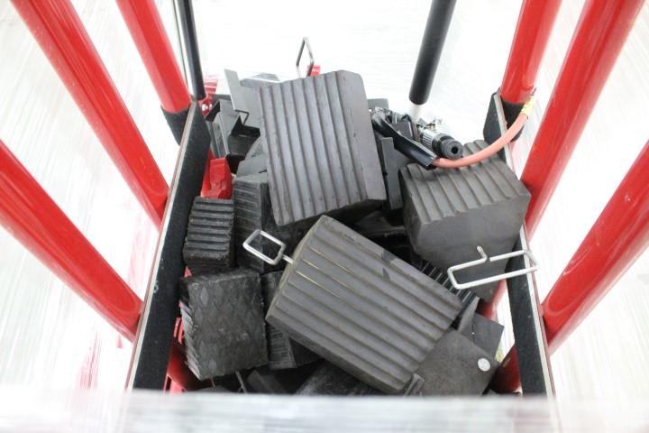 Pallet Of Automotive Shop Equipment. Branick Tire Inflation Cage, Two Floor Jacks, Jack Stands,  Whe