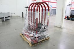 Pallet Of Automotive Shop Equipment. Branick Tire Inflation Cage, Two Floor Jacks, Jack Stands,  Whe
