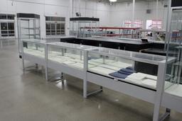 Jewelry Merchandising Cases. W/ Cabinets, 14 Glass Cases Of Assorted Sizes