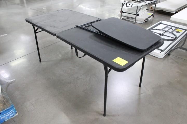 6' and 26" black plastic folding tables.