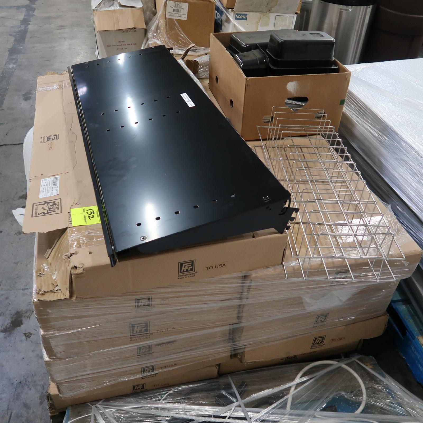 pallet of misc: NEW 4' aluminum shelves, plastic trays, etc.