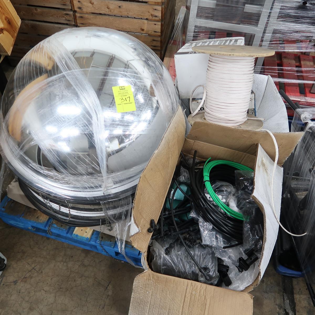 pallet of misc: misting system parts, hanging security mirrors,