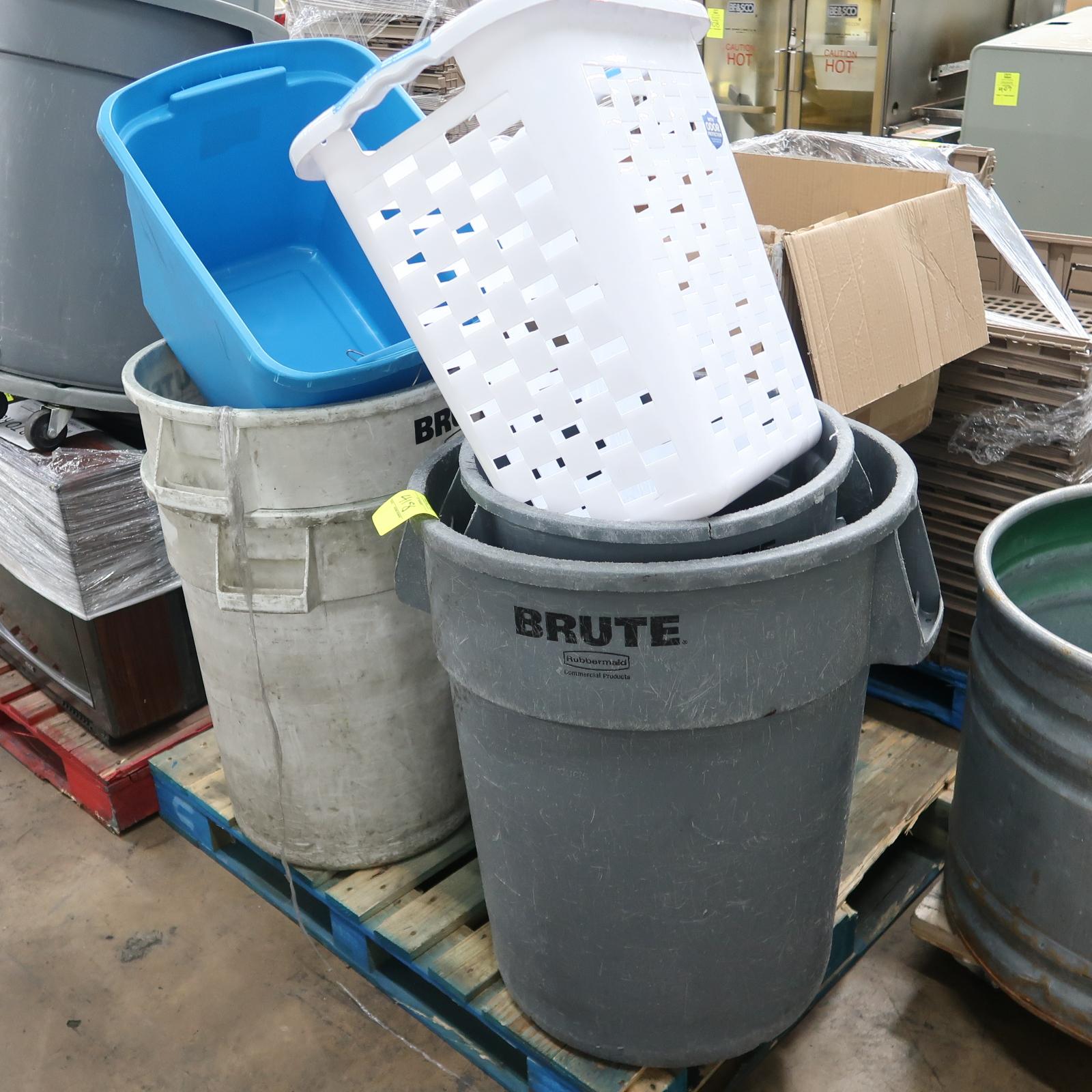 pallet of assorted waste cans & steel display rack