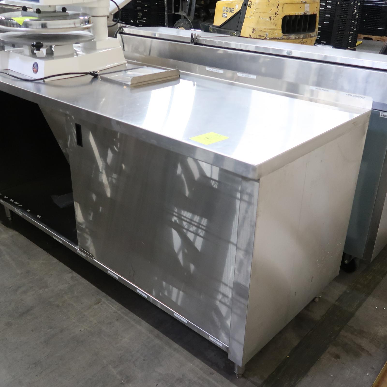 stainless table w/ mini-backsplash & cabinet under