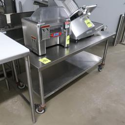 stainless equipment stand w/ backsplash & undershelf, on casters