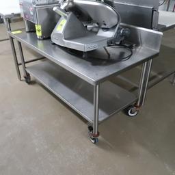 stainless equipment stand w/ backsplash & undershelf, on casters