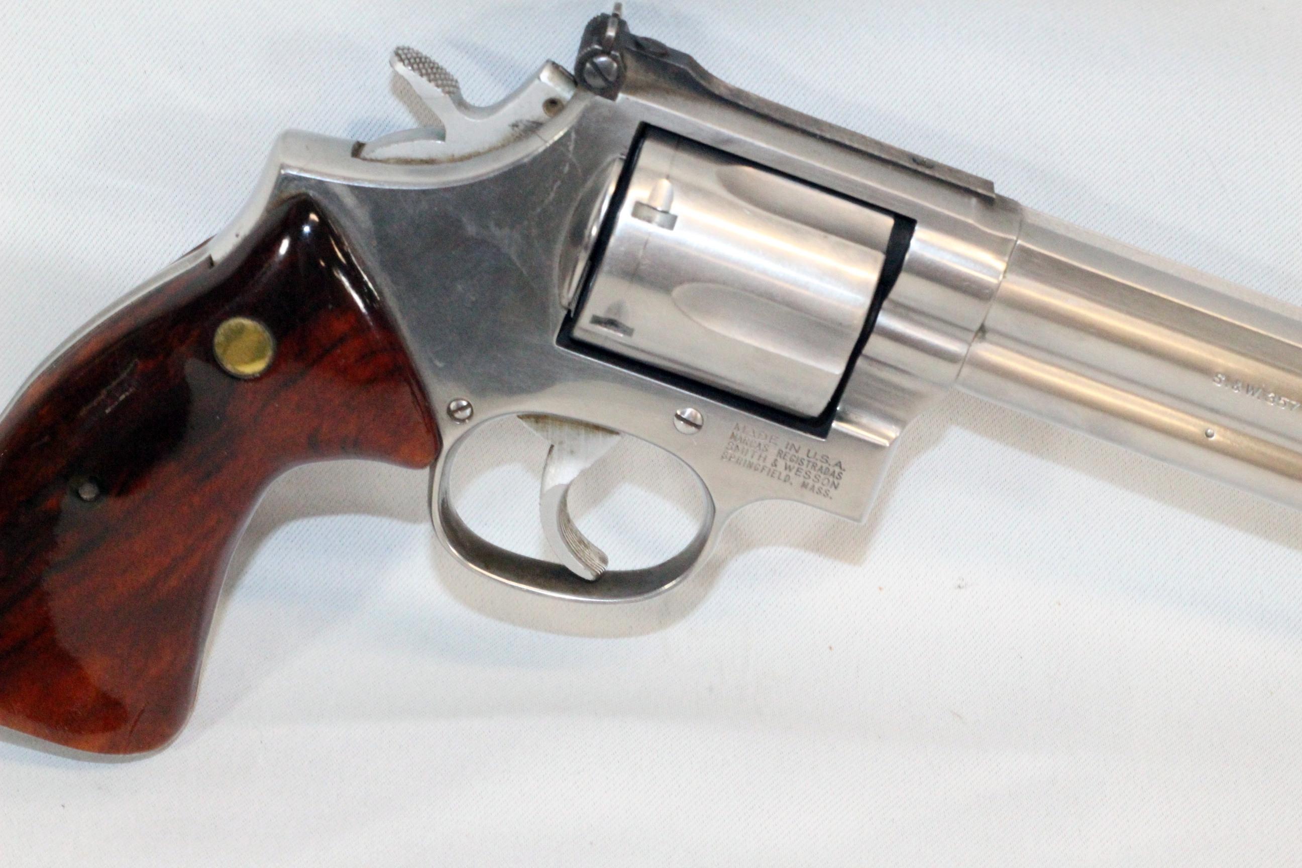 S & W .357 REVOLVER 8" BBL, CHROME WITH WOOD GRIP S/N BNW0813 WITH LEATHER WESTERN STYLE HOLSTER