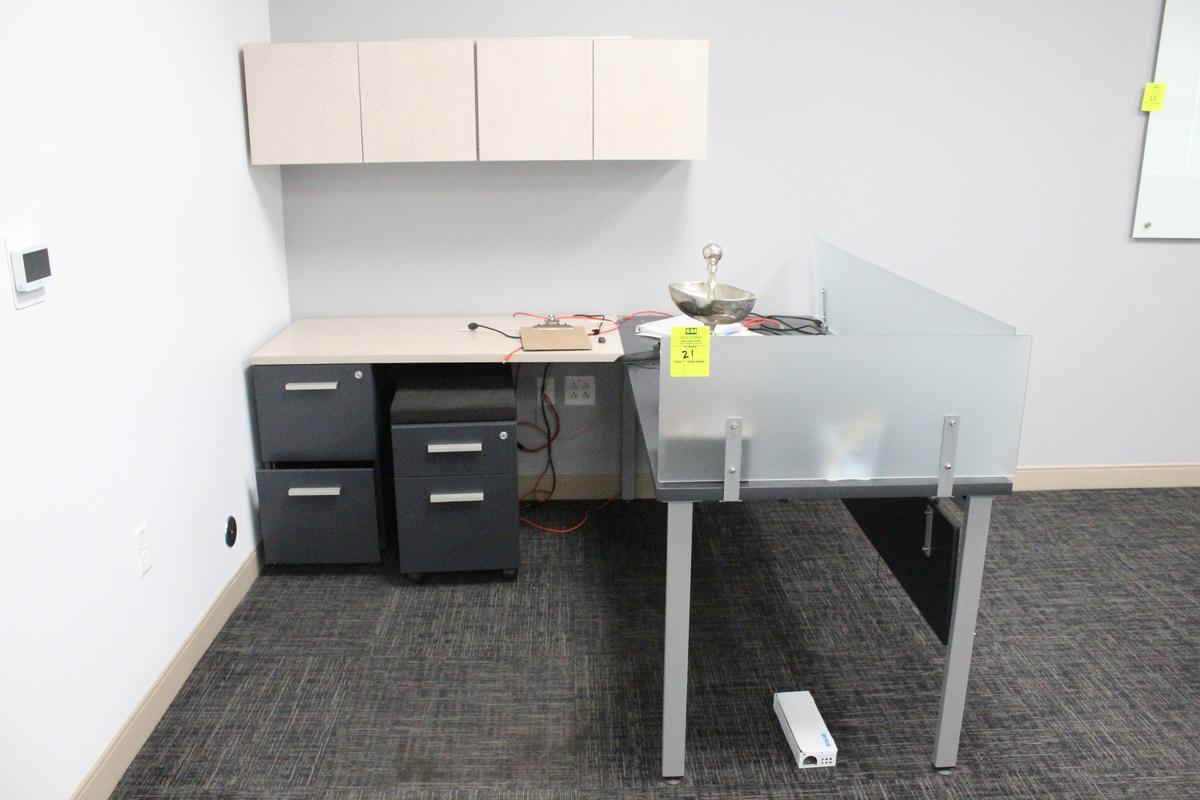 Desk W/ File Cabinets And Wall Mounted Cabinets