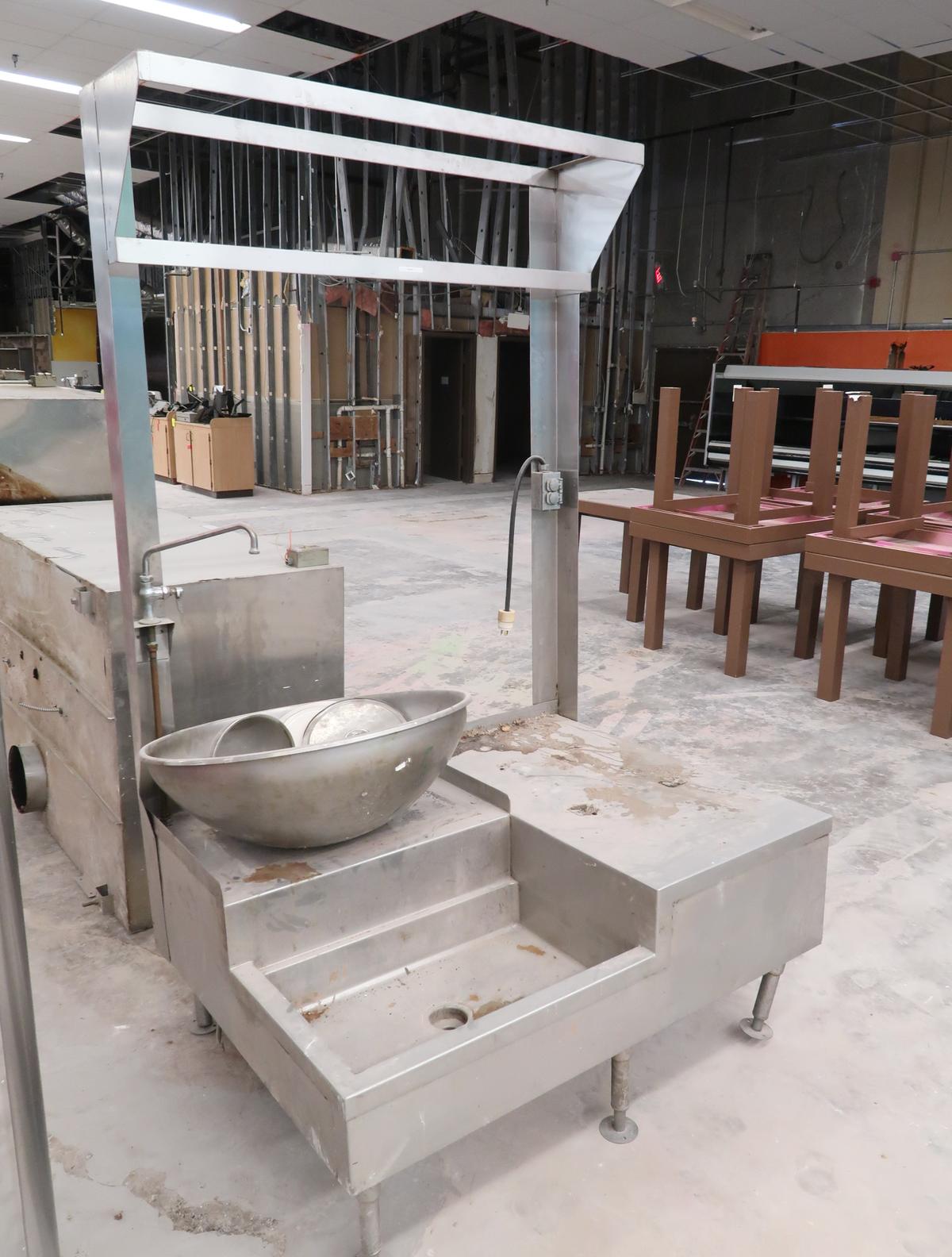 stainless soup cooking station, w/ hanging pan racks