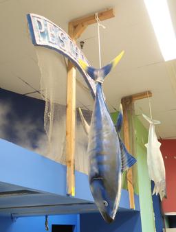 6' hanging fiberglass fish, w/ "PESCADERIA" sign