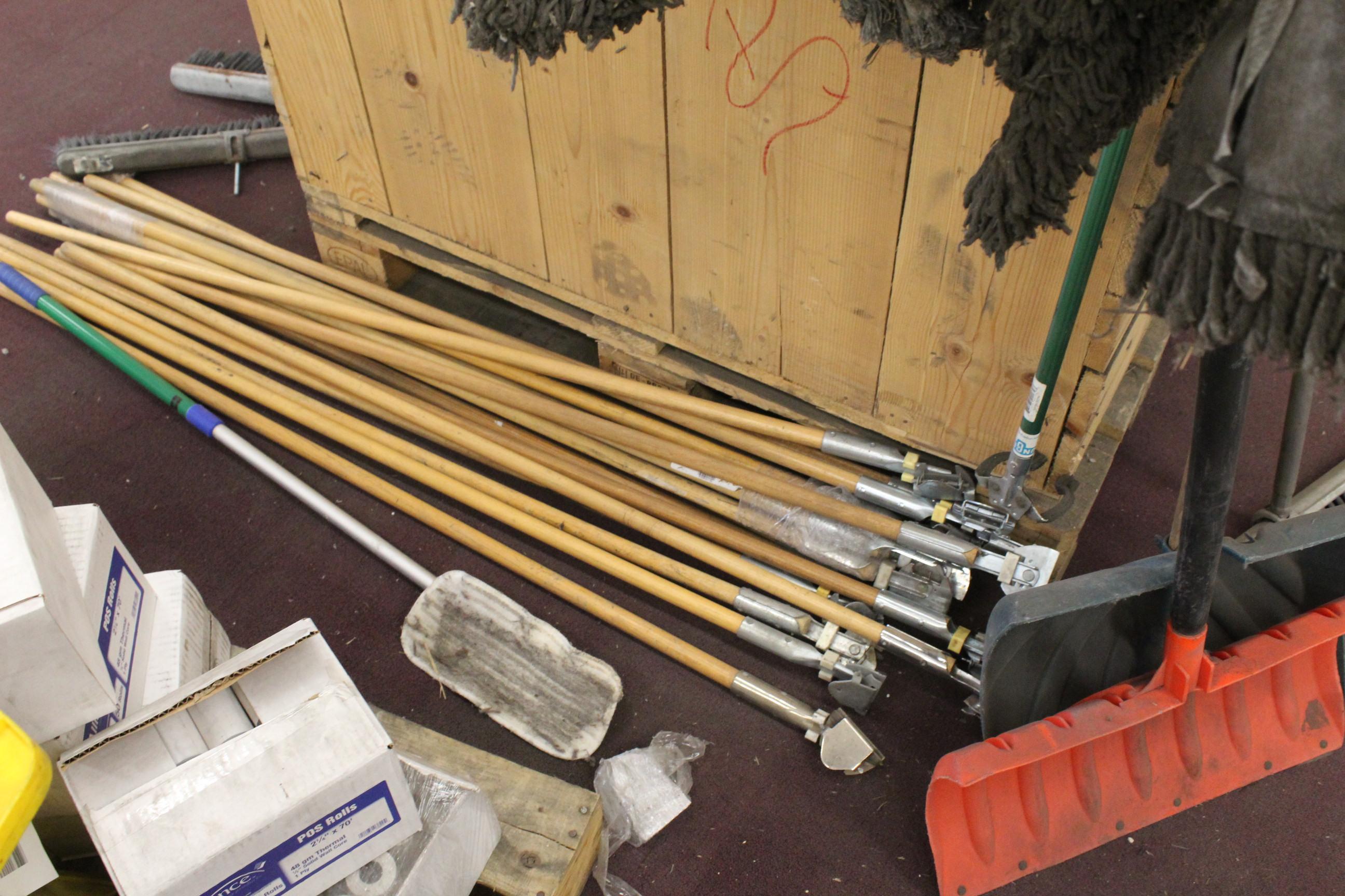 Crate Of Brooms, Mops, Mop Handles
