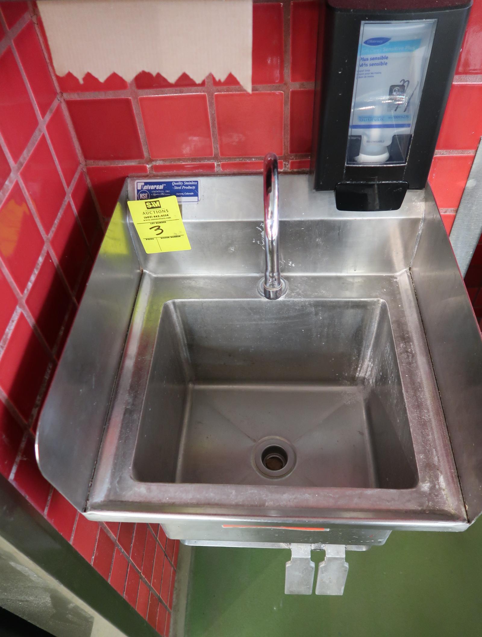 hand wash sink w/ knee valves, paper towell & soap dispensers