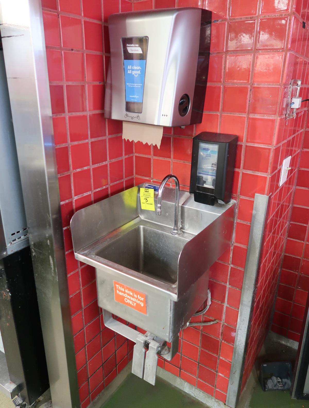 hand wash sink w/ knee valves, paper towell & soap dispensers