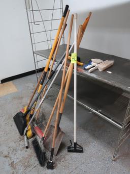 assorted brooms, shovel, squeegee, etc