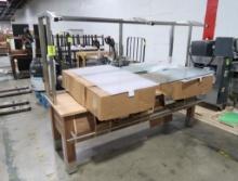 bakery merchandising table, solid oak top w/ slatted oak shelves