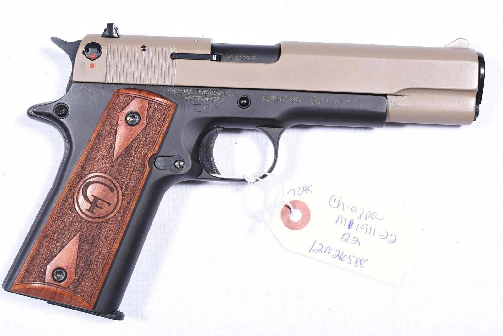 CHIAPPA M1911-22 22 SEMI PISTOL IN BOX SERIAL NUMBERED TO GUN, SN 12N26588, USED, B34-P8