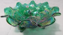 Fenton em green Lions ft'd ruffled bowl