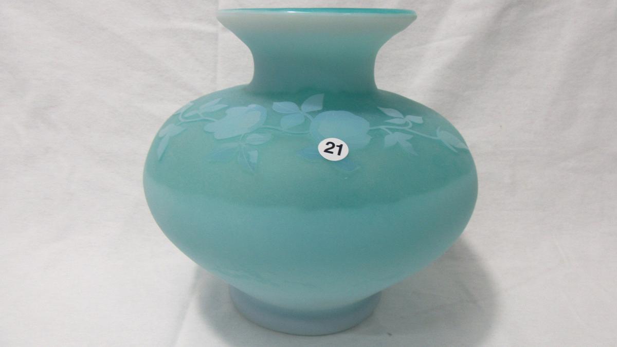 Fenton 7" green etched vase