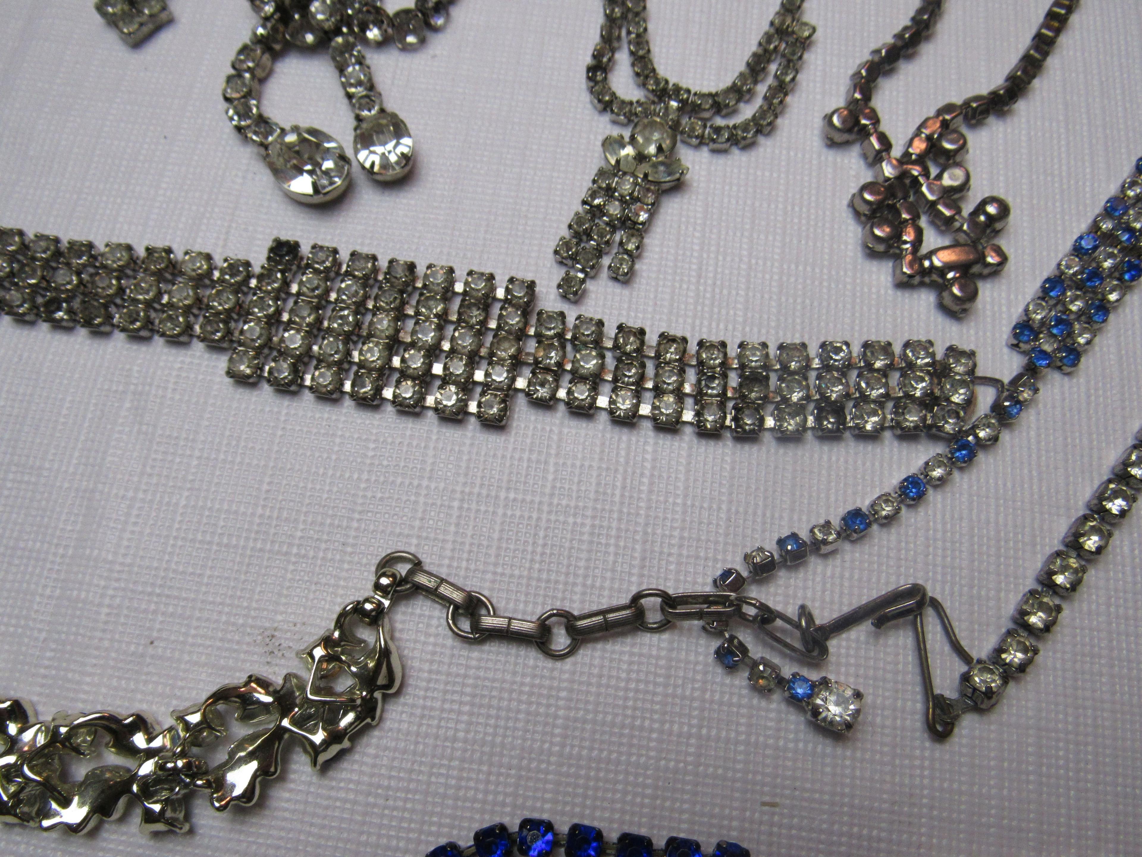 Costume jewelry collection of 16 rhinestone necklaces, 3 bracelets