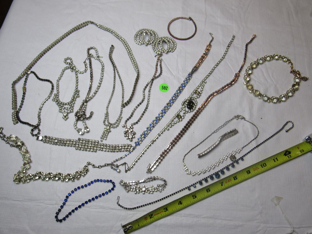 Costume jewelry collection of 16 rhinestone necklaces, 3 bracelets