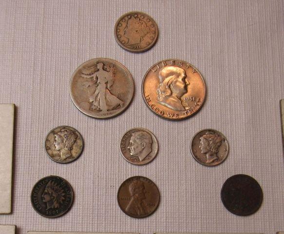 Mixed old coins - Walking Liberty - 1951 Franklin half - 2 Mercury dimes -