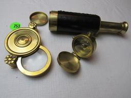 Brass compass, loop & telescope