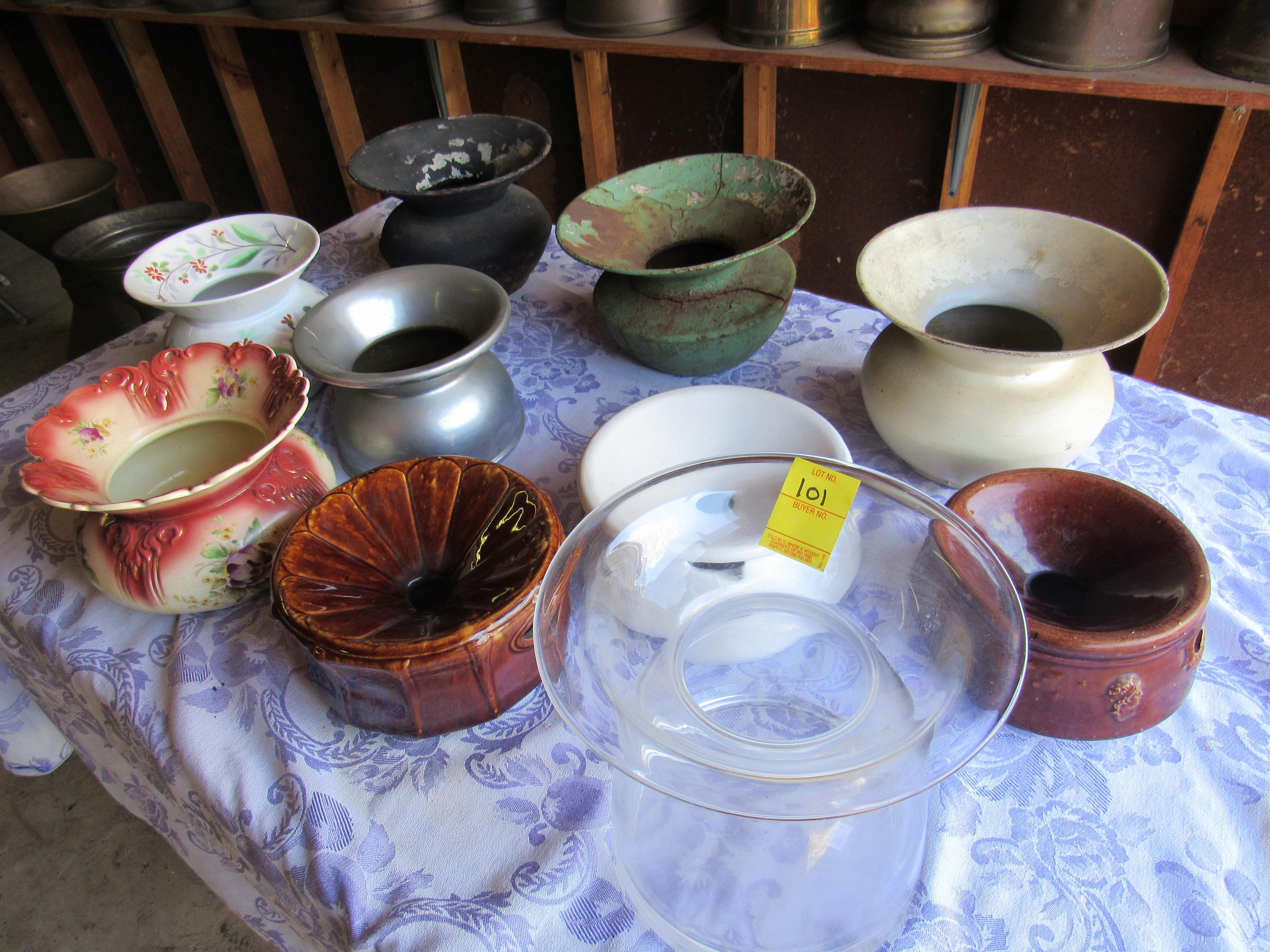 vintage spittoons cuspidors (1) clear glass, (1) nickle plated brass, (1) brass, (5) china, (3) cast