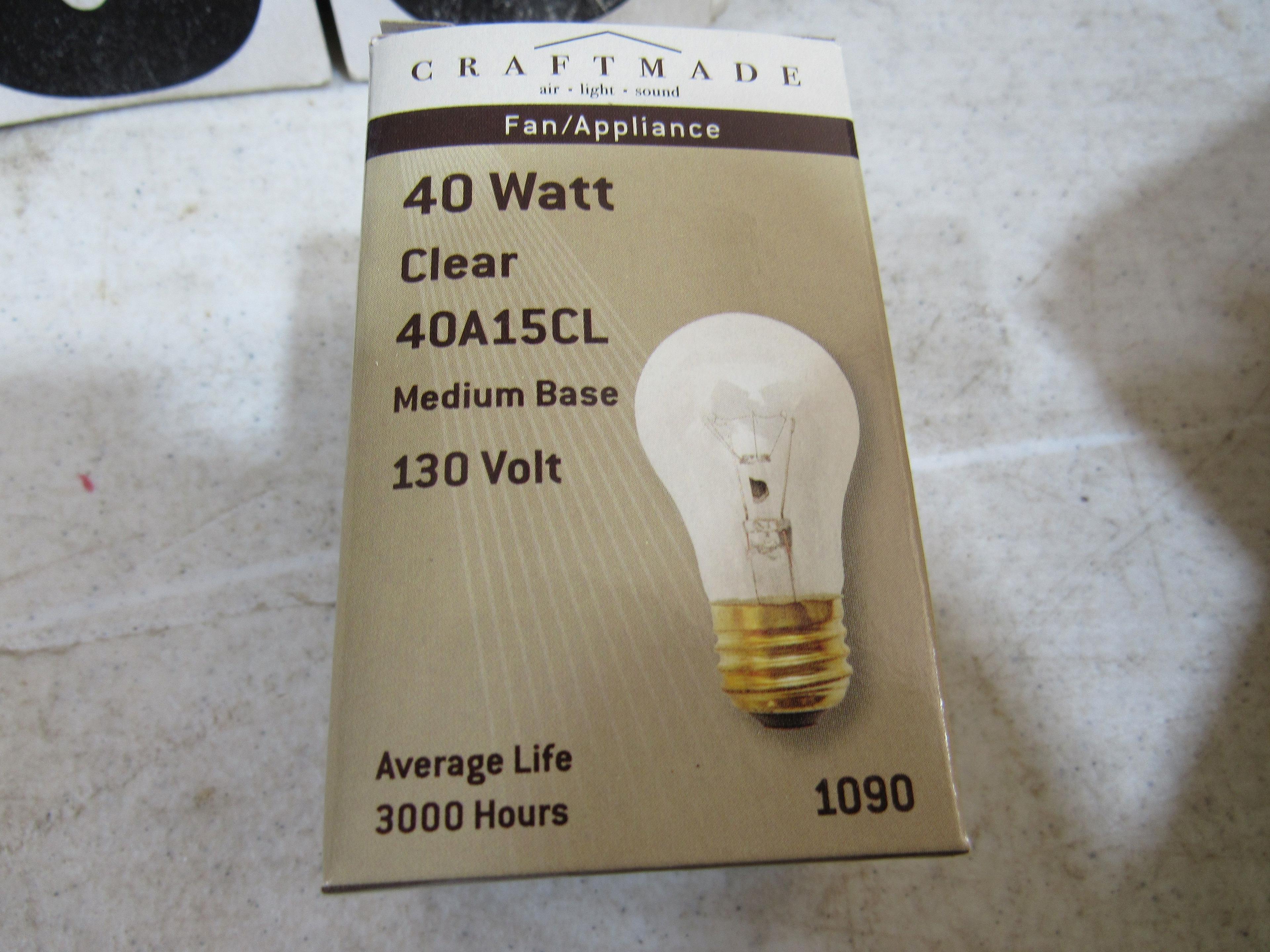 Craftmade cases of 25 medium brass base fan/appliance 40w bulbs in good packaging