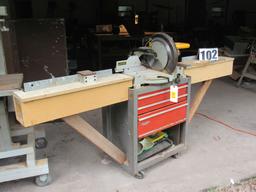 Dewalt 12" compount miter saw DW705 ser 109034 mounted to craftsman tool chest on wheels with 32" fe