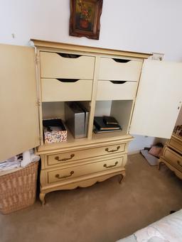 French Provincial style white 5 piece bedroom set -Triple dresser with mirror, amoire, double bed, 2