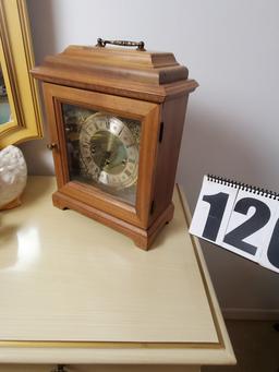 vintage table clock wood framed  wind up key, chimes