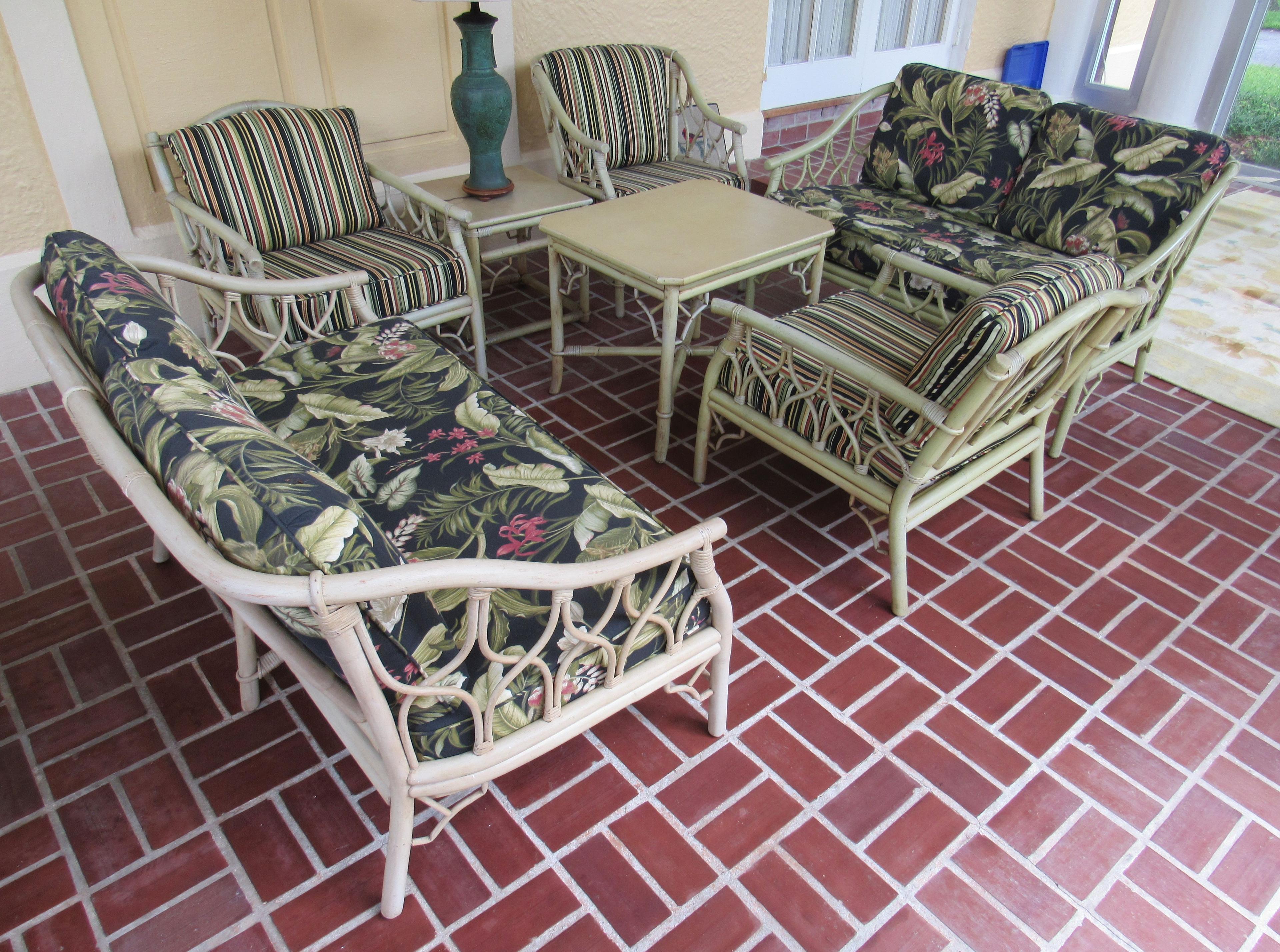 Rattan patio set  (2) sofas (3) arm chairs (2) lamp table(2) lamp table 19" x 19"-  light green wit