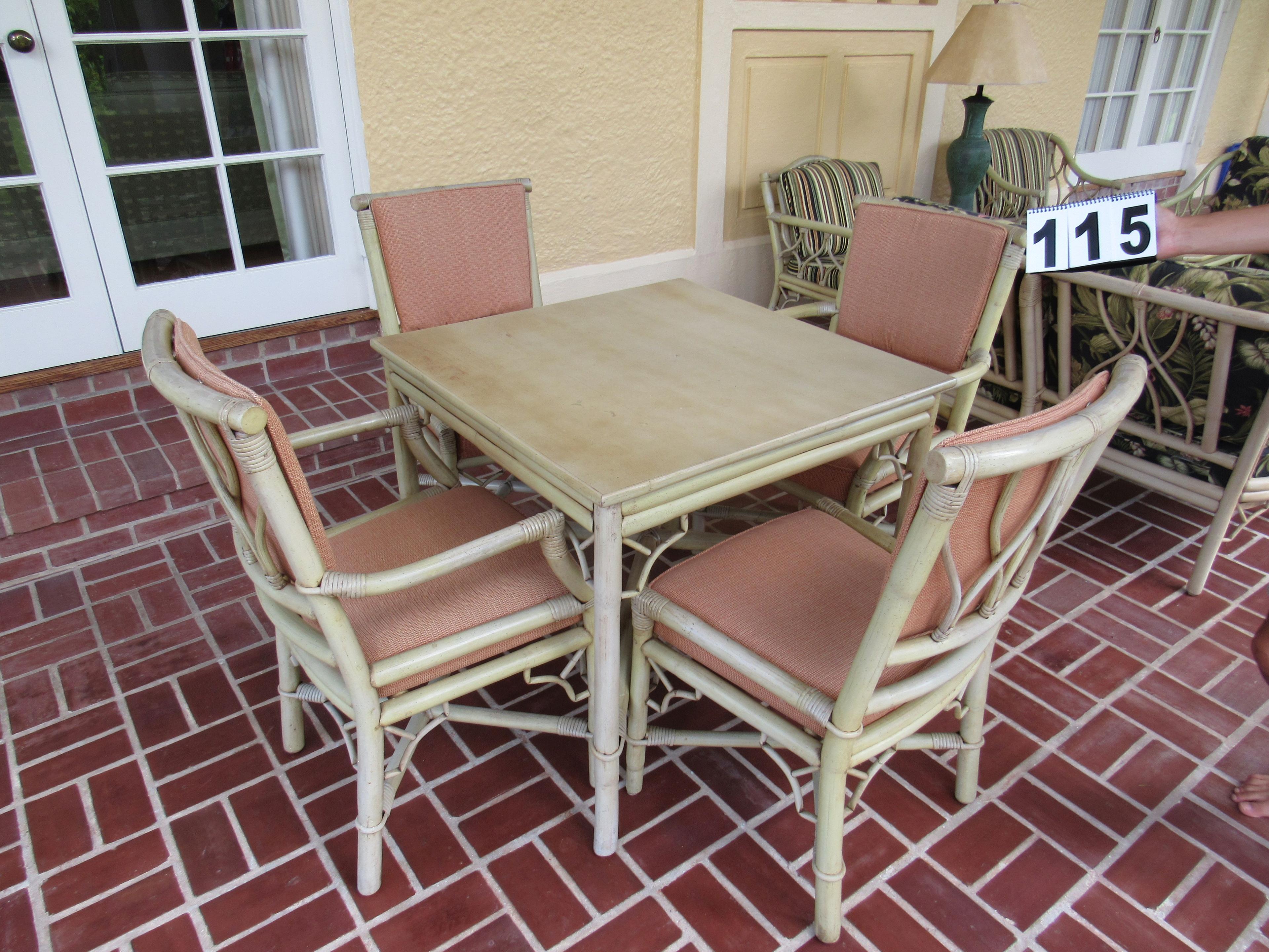 rattan dining set table with 4 chairs  (2) arm chairs and (2) straight chairs 32 x 32"" table top Th