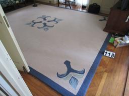 Woolmark hand tufted 100% wool rug  11' x 14' beige with blue trim floral design.  Very clean and ni