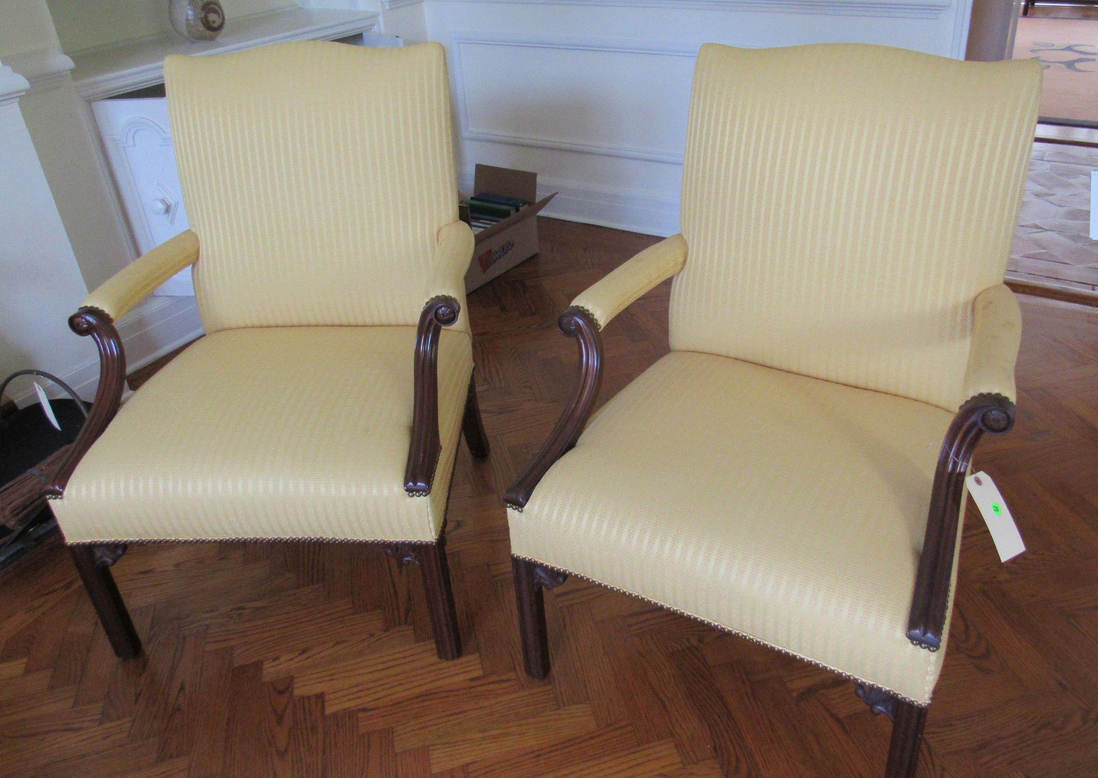 cream colored upholstered walnut finish  wood frane arm chairs