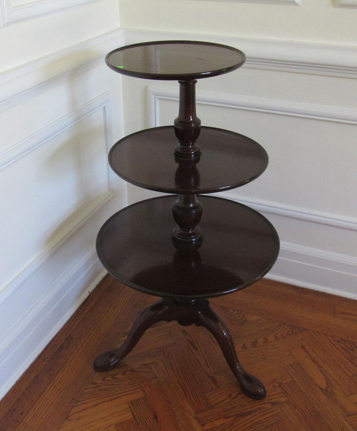 three tiered mahogany finish table 24" diameter x 40" high