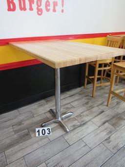 high top wooden tables w/ chrome bases 30" W x 48" L x 43" H