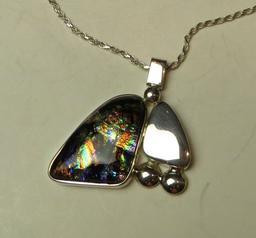 Dichroic glass w/sterling side design on 20" sterling chain