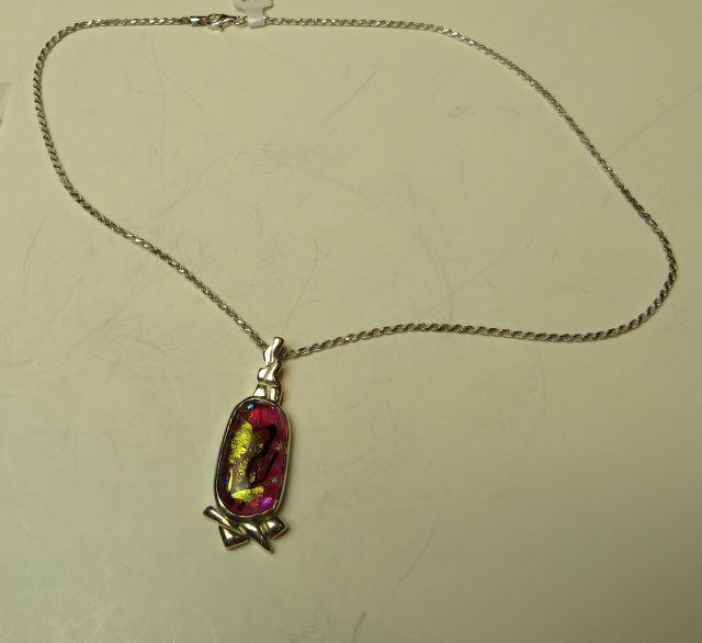 Dichroic glass bezel set in sterling on 18" sterling chain