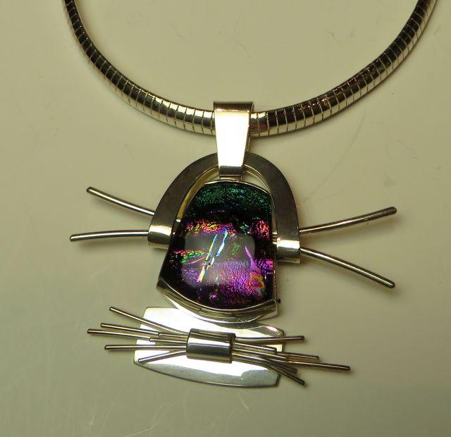 Sterling 18" omega  - 5mm wide - w/dichroic glass & sterling Cat Whisker Pendant