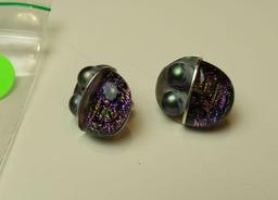 Sterling dichroic glass leverback earrings w/dyed pearl