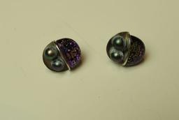 Sterling dichroic glass leverback earrings w/dyed pearl