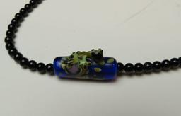 17" Frog on a log necklace w/onyx bead & sterling toggle clasp